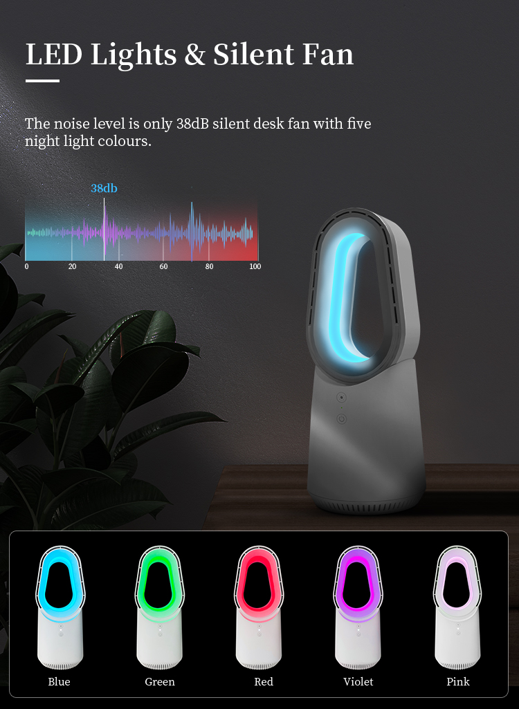 Small Bladeless Desk Fan Rechargeable table fan with Night Light Touch Control