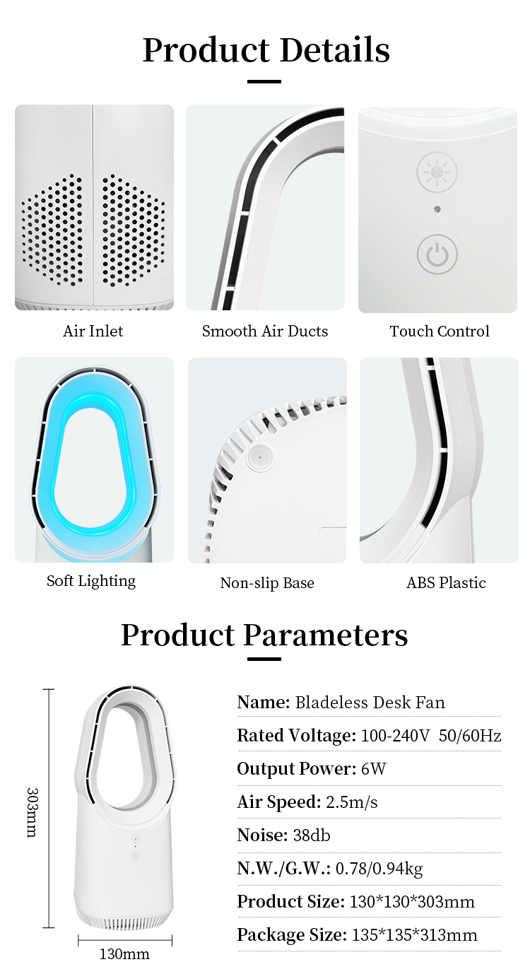 Small Bladeless Desk Fan Rechargeable table fan with Night Light Touch Control