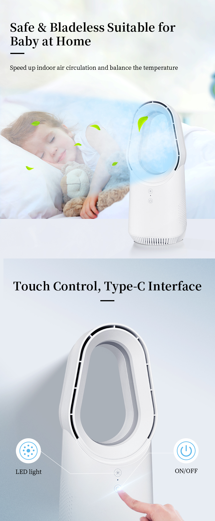 Small Bladeless Desk Fan Rechargeable table fan with Night Light Touch Control