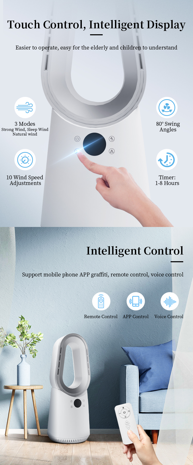 Vantilator Natural Air Bladeless Tower Fan Smart Electric Cooling Fan Without Blade
