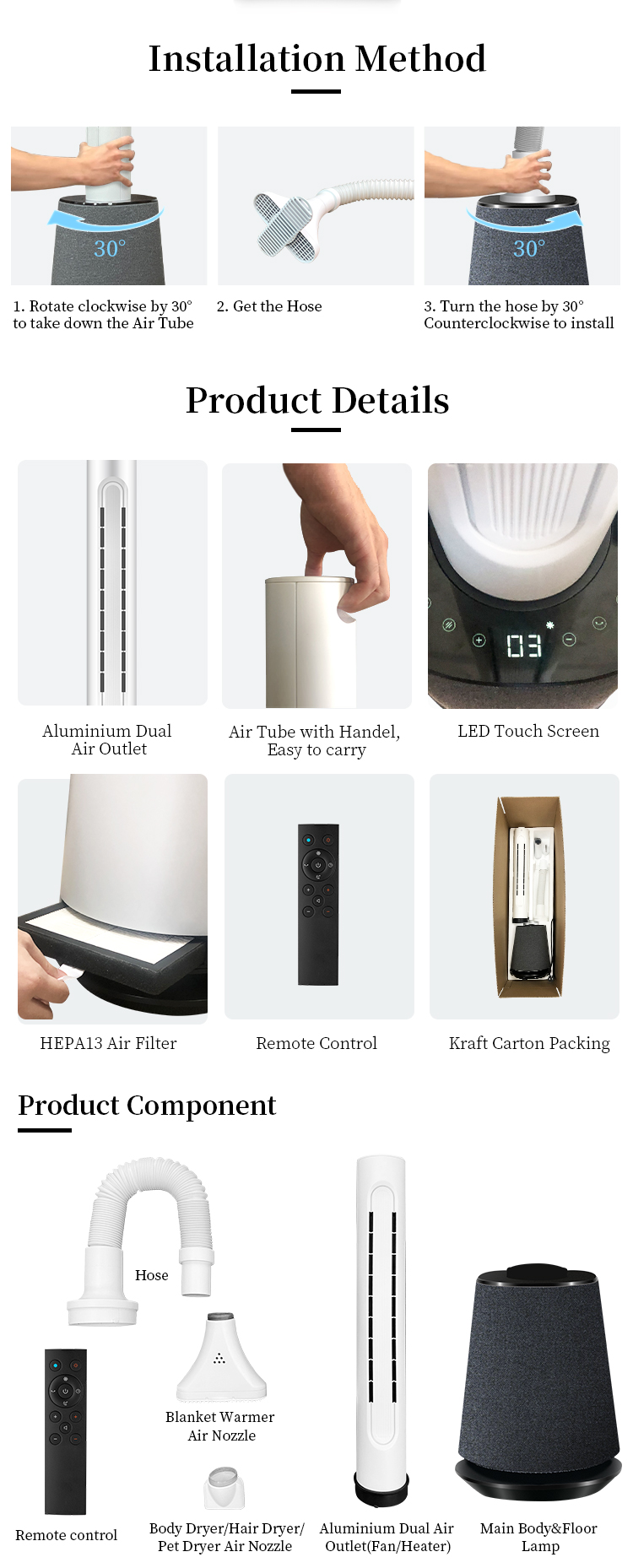 3 in 1 Air Purifier fan Cooling and Heating Smart Bladeless Tower Fan