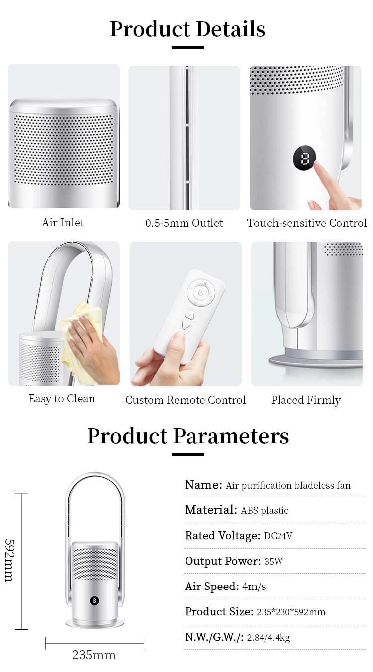 Air Circulation Fan hepa filter Bladeless Air Purifier tower Fan with 9 air speeds