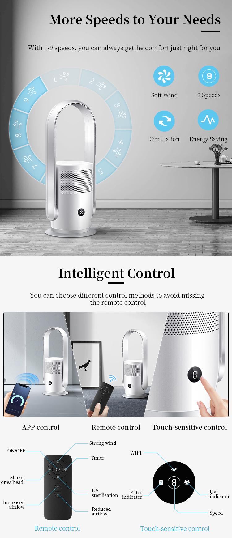 Air Circulation Fan hepa filter Bladeless Air Purifier tower Fan with 9 air speeds
