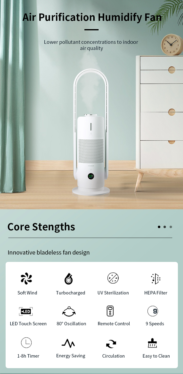Air Humidifier and Purifier Fan Hepa Filter Air Purifier Bladeless Fan